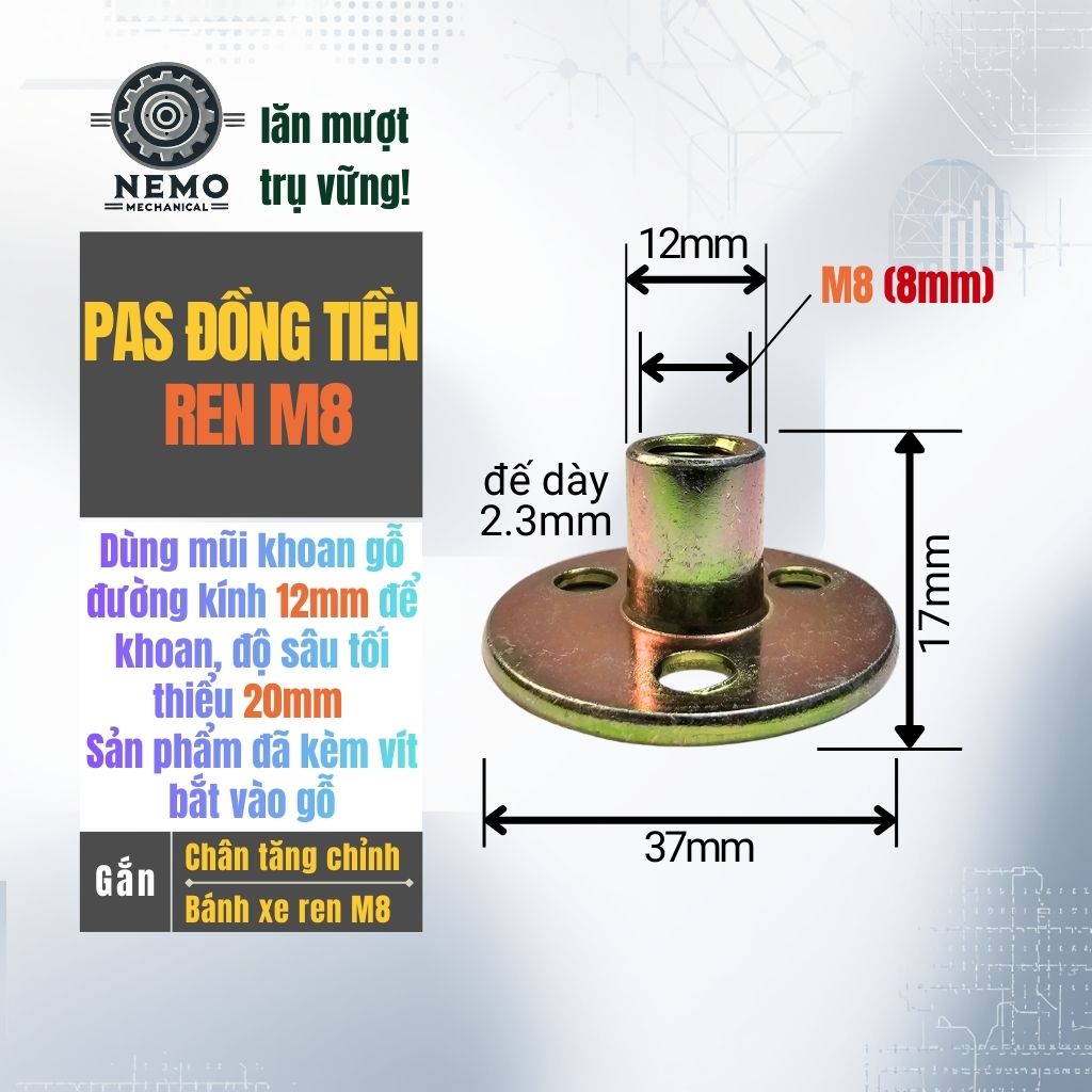 Pas Đồng Tiền & Ốc Cấy Gỗ M8/M10 – Giải Pháp Lắp Bánh Xe & Chân Tăng Chỉnh Cho Đồ Gỗ